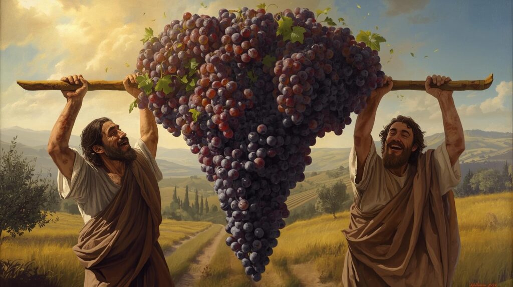 Ilustração bíblica de dois homens carregando um enorme cacho de uvas em uma vara, simbolizando a fertilidade da terra.