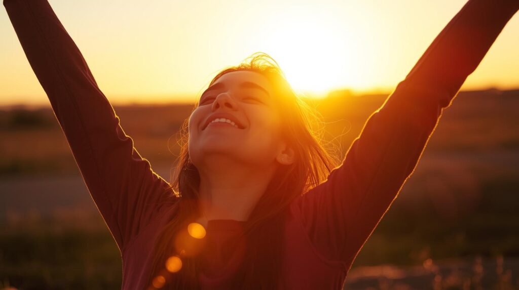 Pessoa de braços estendidos ao pôr do sol, olhando para cima simbolizando gratidão, felicidade e leveza  por ter a fé renovada.