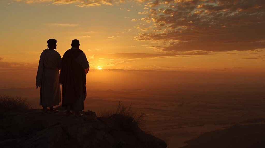 "Silhueta de Josué e Calebe no topo de uma colina observando a exuberante Terra Prometida ao amanhecer, simbolizando fé e confiança."